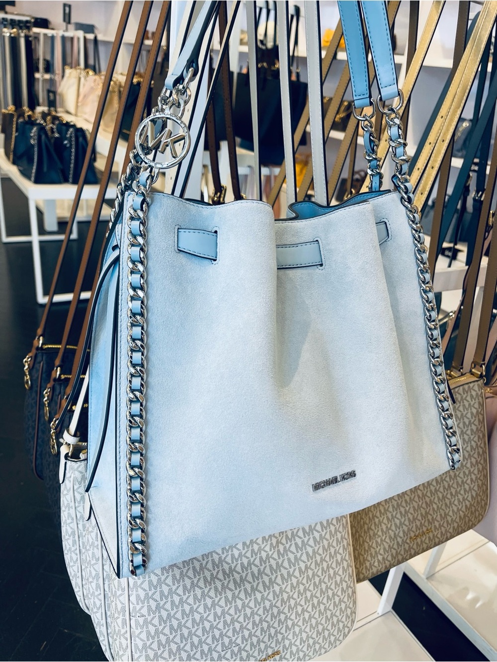 Michael Kors Mina Lg Suede Chain Shoulder Bag Pale Ocean Blue Leather NWT - Picture 9 of 16